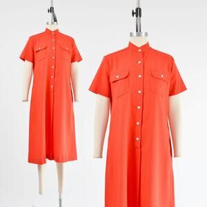 Vintage 70s Red Short Sleeve A-line Midi Tunic Shift Dress with Pockets M